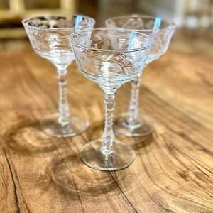 Set of 3 Crystal Libby Rock Vintage Champagne Glasses